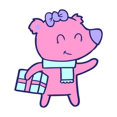 bear cartoon chraracter with present in bright neon color