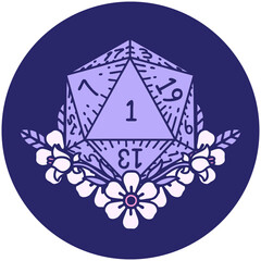 icon of natural one dice roll with floral elements in bright neon color
