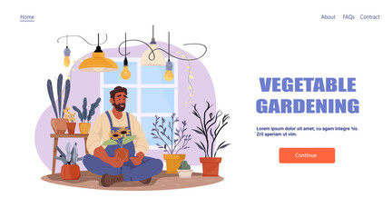 Vegetable gardening man caring indoor plants cozy home interior potted flowers window hanging lights web banner landing page template