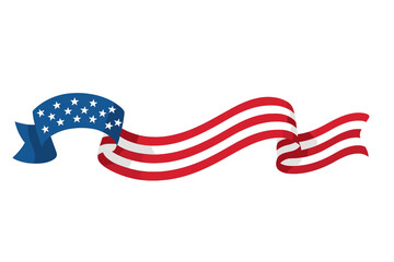 American flag ribbon banner for USA patriotic holidays. Waving decorative element for 4th of July, Memorial Day, Veterans Day. National symbol stripe border for celebration design.