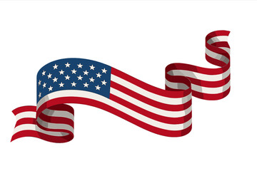 Waving American flag ribbon banner. USA patriotic national symbol. Decorative element for 4th of July, Independence Day, Memorial Day, Veterans Day. Stars and stripes vector.