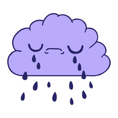 freehand drawn cartoon of cute crying cloud in bright neon color