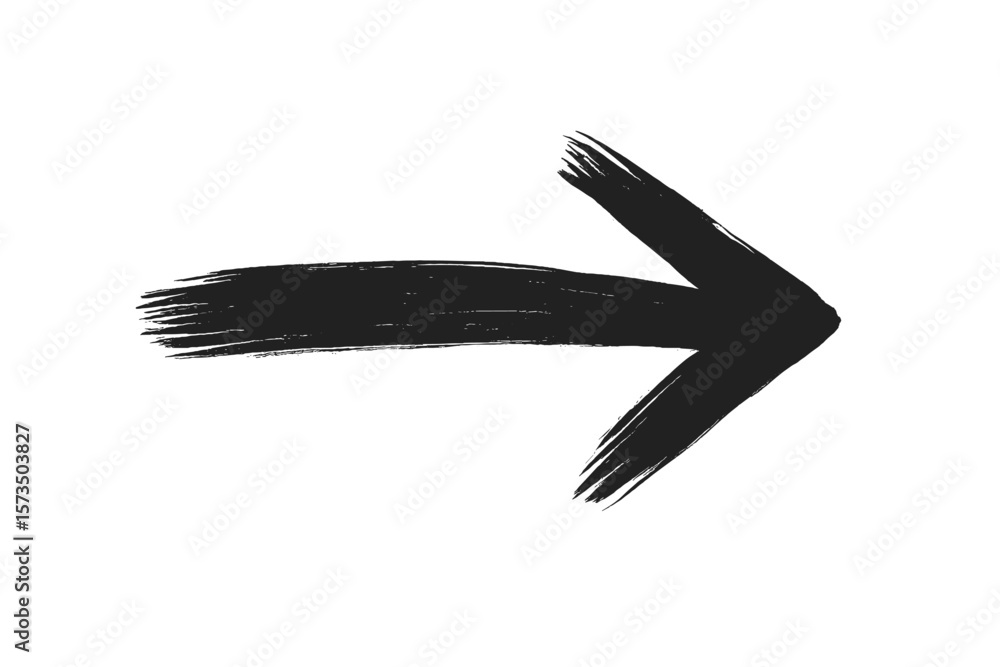Poster hand drawn arrow in grunge style. black brush stroke pointing right. ink sketch pointer symbol for d