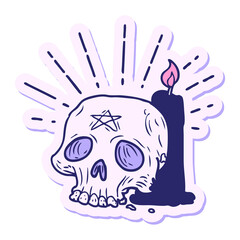 sticker of a tattoo style spooky skull and candle in bright neon color