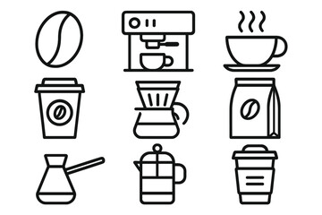 Coffee line icon set. Simple signs for cafe menu, app and website. Includes coffee bean, machine, cup, bag, french press, pour over, cezve. Vector drink & beverage symbols.
