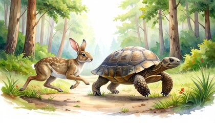 Fototapeta premium Hare and Tortoise in a Forest