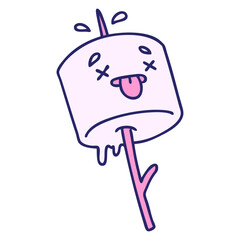 cartoon marshmallow impaled on a campfire stick in bright neon color
