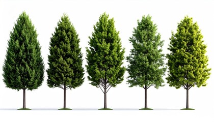 Five trees in a row, varying shades of green