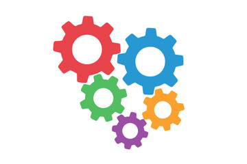 Colorful Interlocking Gears Vector Illustration. Teamwork, Collaboration, Mechanism, Engineering Concept. Vibrant Cogwheels, Technology, Process, Machine Parts, Isolated on White Background