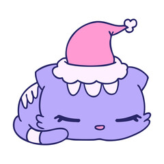 hand drawn christmas cartoon of kawaii cat in bright neon color