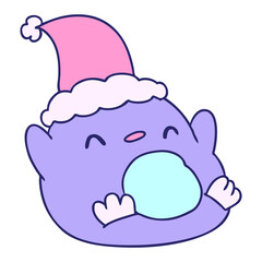 hand drawn christmas cartoon of kawaii penguin in bright neon color