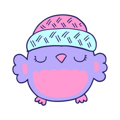 cute cartoon owl in hat in bright neon color