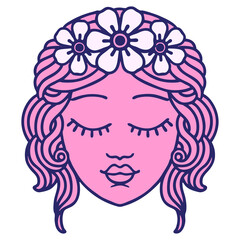 tattoo in traditional style of female face with eyes closed in bright neon color