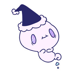 hand drawn christmas textured cartoon of kawaii ghost in bright neon color
