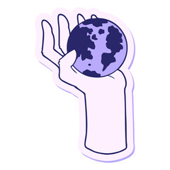 sticker of a cartoon hand holding whole earth in bright neon color
