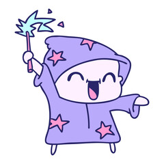 freehand drawn cartoon of a happy little wizard in bright neon color