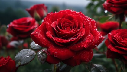 lush red roses with dew drops vibrant floral portrait photography
