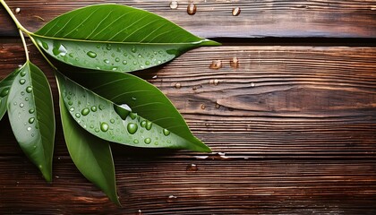 lush green leaves with water droplets rest on textured wooden surface creating serene and refreshing atmosphere
