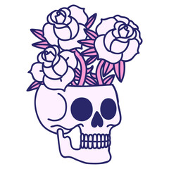 iconic tattoo style image of a skull and roses in bright neon color