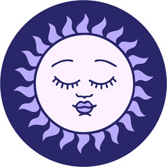 iconic tattoo style image of a sun with face in bright neon color