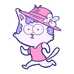 Obraz premium happy cartoon cat jogging in hat in bright neon color