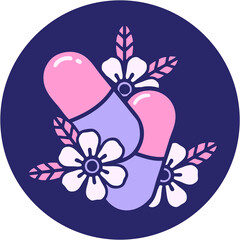 iconic tattoo style image of pills and flowers in bright neon color