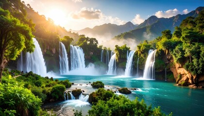 Lush waterfalls cascading into a tranquil pool