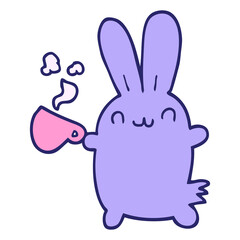 cute cartoon rabbit drinking coffee in bright neon color