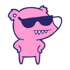 sunglasses bear cartoon with hands on hips in bright neon color