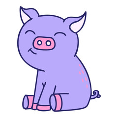 hand drawn quirky cartoon pig in bright neon color