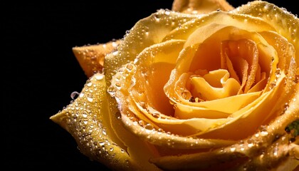 close up of yellow rose with dew drops on black background