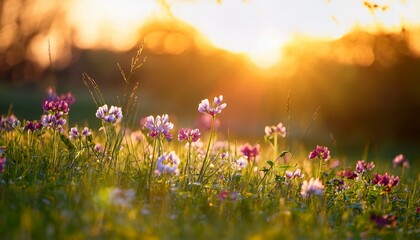 bright flowers blooming in a meadow during sunset in spring