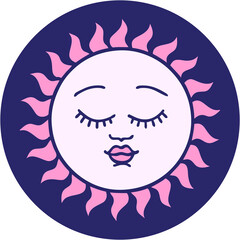 iconic tattoo style image of a sun with face in bright neon color