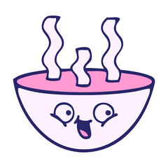 cute cartoon of a bowl of hot soup in bright neon color