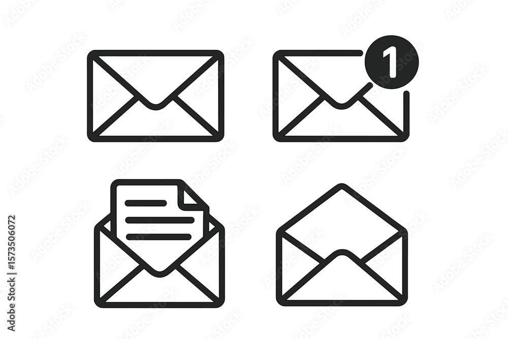 Poster message icon set. mail envelope symbol collection. new incoming mail notification badge, open letter