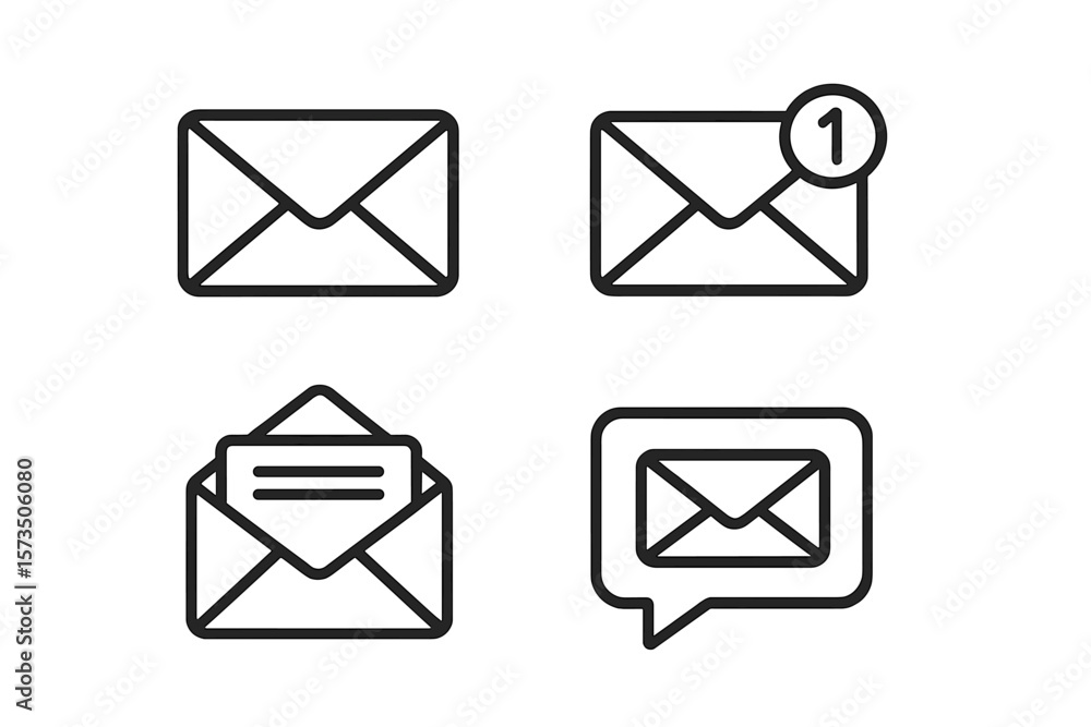 Poster mail message icon set. email envelope symbol with new notification bubble and open letter. simple li