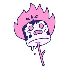 cartoon of a burning marshmallow on a stick in bright neon color