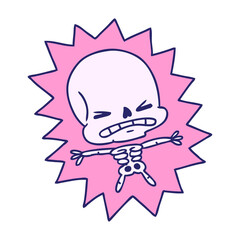 freehand drawn cartoon of a scary skeleton  in bright neon color