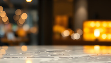 Polished marble tabletop with abstract bokeh, showcasing a sleek and modern aesthetic.