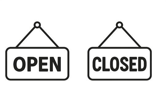Open and closed hanging signs vector icon set. Store door signage for business hours. Simple outline illustration for shop, cafe or restaurant. We are open or closed notice symbol.