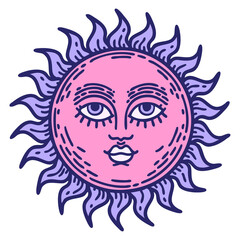 iconic tattoo style image of a sun with face in bright neon color