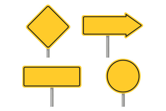 Naklejki Blank yellow road signs mockup set. Empty traffic sign board for text. Warning, direction, information concept. Arrow, diamond, circle, rectangle shapes. Vector illustration.