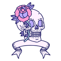 traditional tattoo with banner of a skull and rose in bright neon color