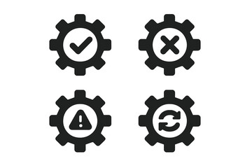 Gear Icon Set with Check Mark, Cross, Warning, and Sync Symbols. Settings Cogwheel Icons for App, UI, Website, System Preferences, Update, Error, Alert. Vector and Transparent PNG Illustration