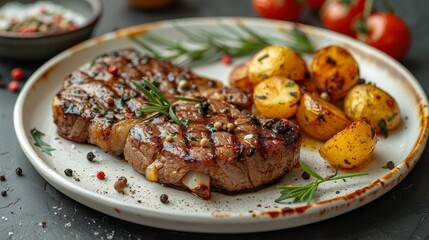 Grilled steak with potatoes and rosemary on a plate against dark grey