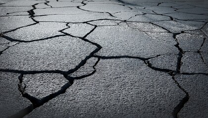 close up of cracked asphalt surface in gray tones