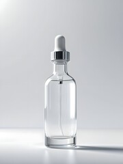 A clear glass bottle with a white dropper top sitting on a white surface against a white background
