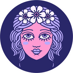iconic tattoo style image of female face with crown of flowers in bright neon color
