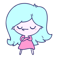 freehand drawn cartoon of cute kawaii girl in bright neon color