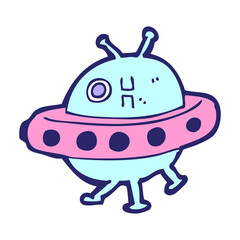 cartoon UFO in bright neon color